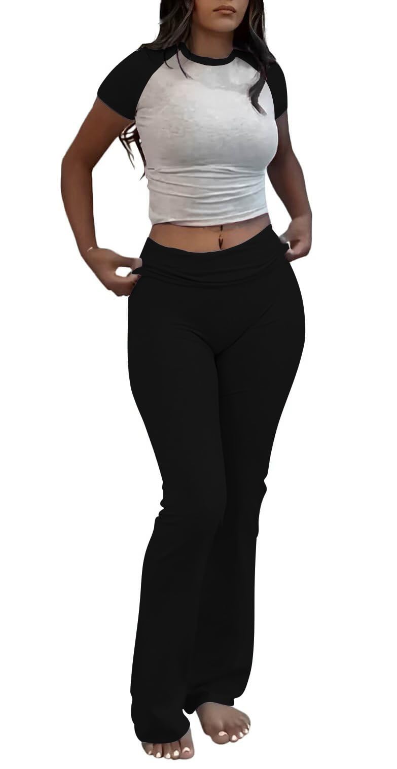 ZFLM Casual Workout Two Piece Outfits for Women Short Sleeve Crop High Waist Foldover Flare Pants Tracksuit Sets Streetwear